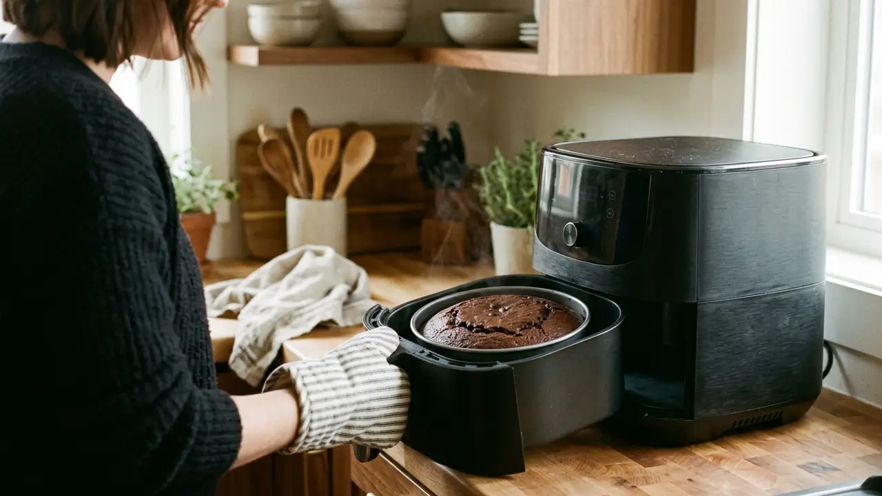 Bolo assado na airfryer sendo retirado do aparelho