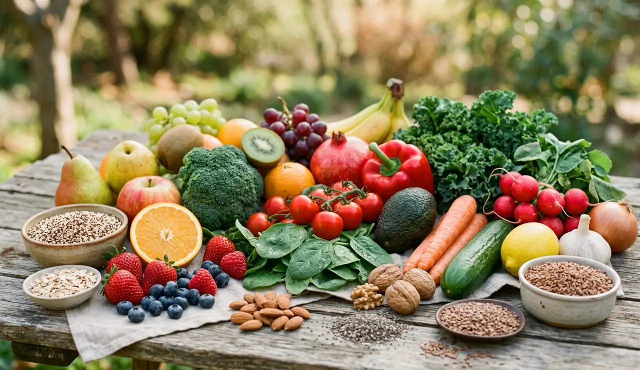Variedade de alimentos naturais como frutas, legumes, sementes e grãos destacando seus benefícios para a saúde