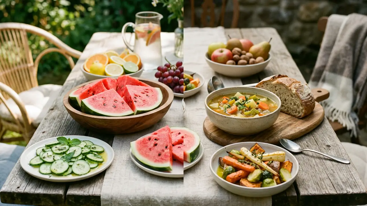 alimentos ricos em água para cada estação com frutas de verão e pratos de inverno