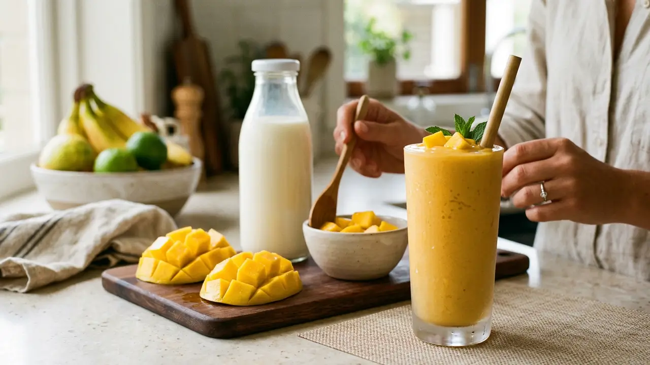 Vitamina de manga com leite em copo ao lado de mangas frescas cortadas na cozinha