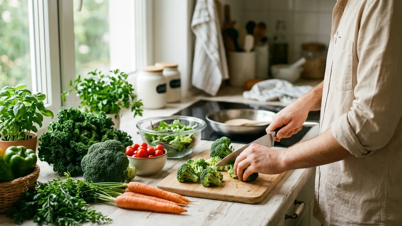 Pessoa preparando refeição vegetariana com legumes frescos na cozinha