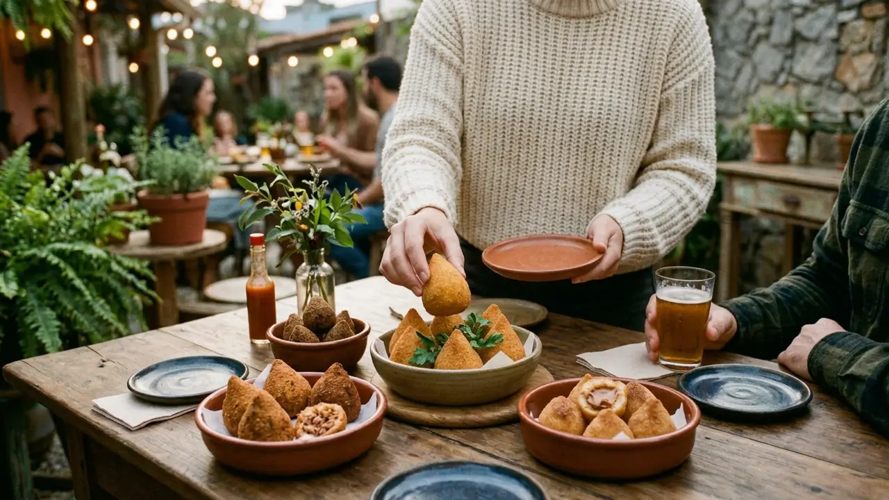 Coxinhas tradicionais e versões criativas servidas em mesa decorada