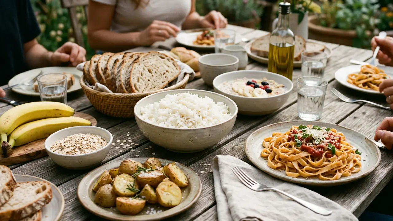 Alimentos ricos em carboidratos organizados sobre mesa