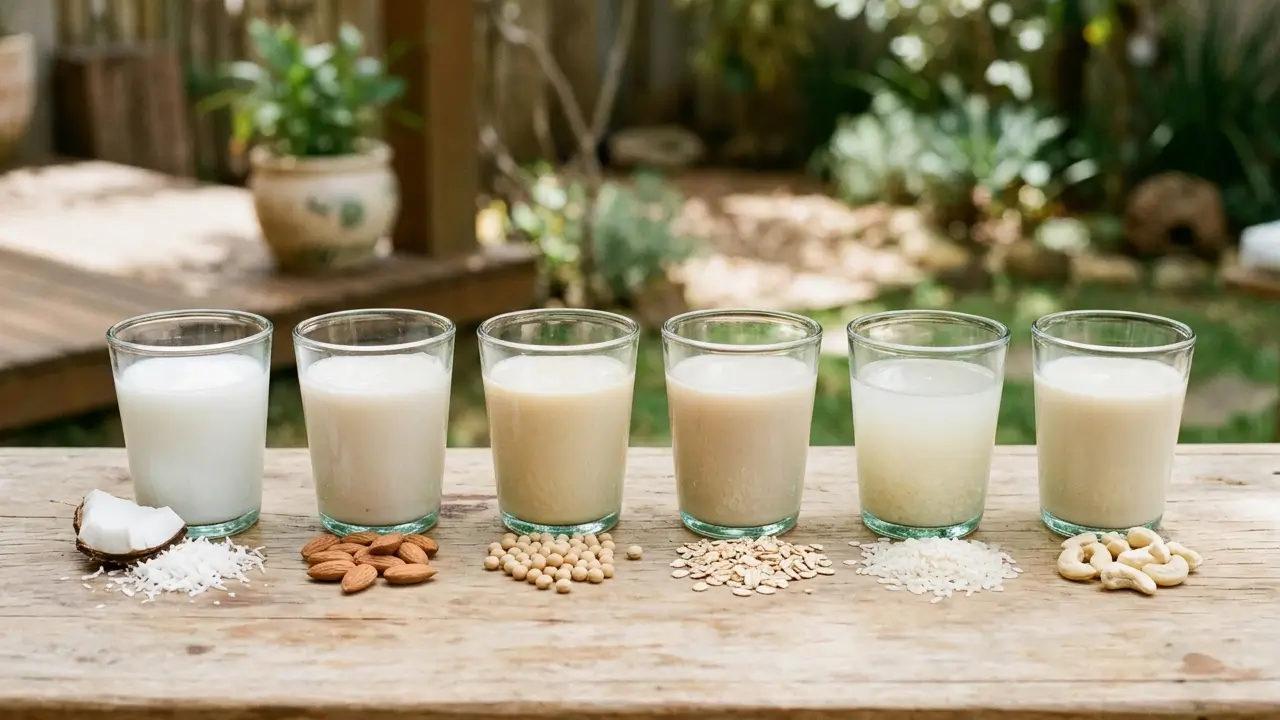 Copos com diferentes tipos de leite vegetal como coco, amêndoas, soja, aveia, arroz e castanha sobre bancada clara