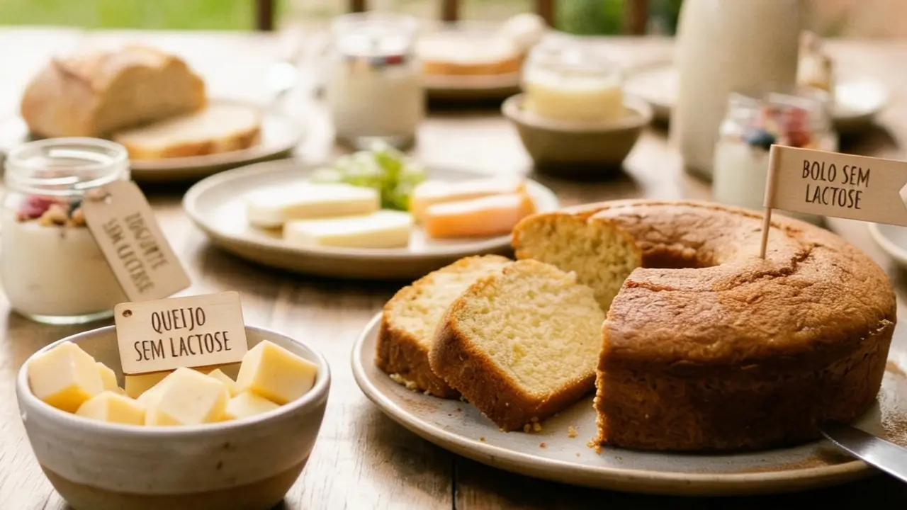 alimentos sem lactose como leite vegetal, queijo e bolo em versões tradicionais adaptadas