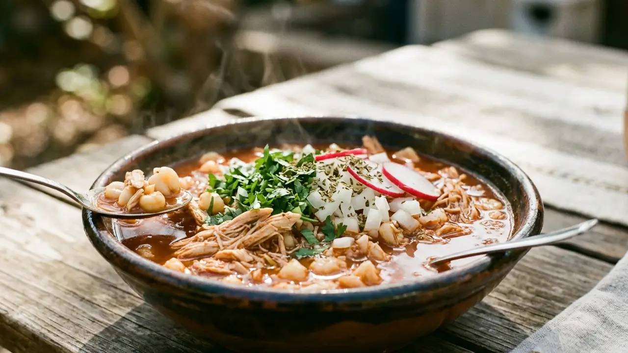Pozole com frango desfiado servido em tigela com caldo quente e milho.
