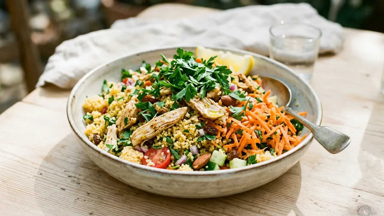 Salada de frango desfiado com cuscuz marroquino, cenoura e salsinha servida em tigela.