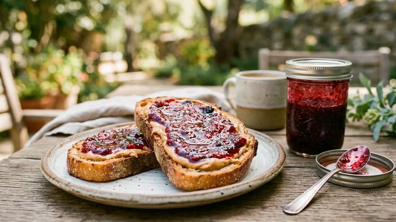torrada com geleia e pasta de amendoim café da manhã doce sem lactose