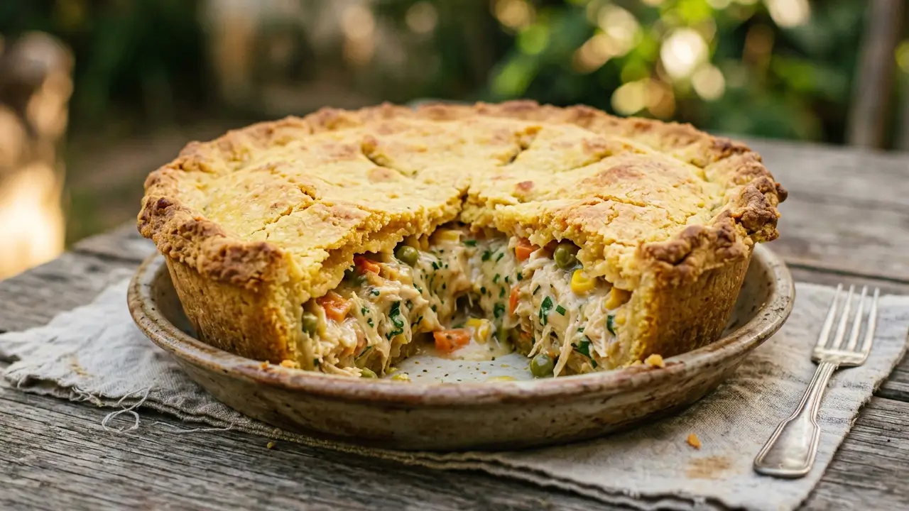 Torta de frango com massa de fubá dourada servida em forma rústica.