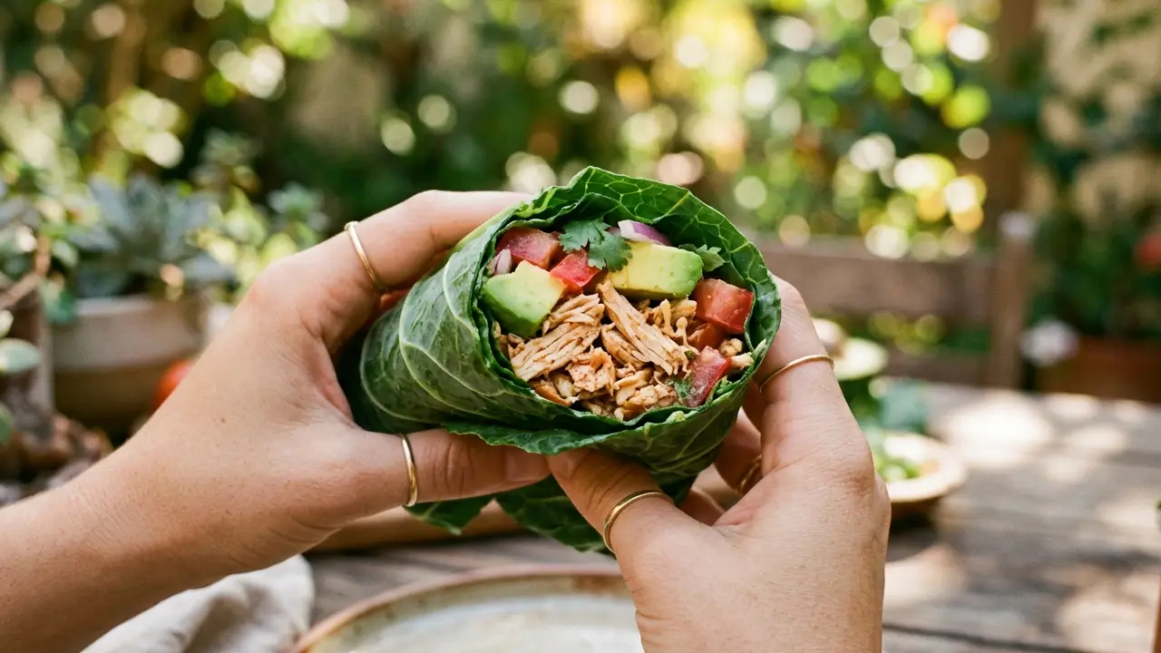 Wrap de couve-manteiga com frango desfiado, tomate e abacate.
