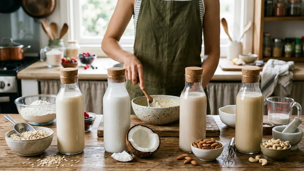 Garrafas contendo diferentes tipos de leite vegetal, como leite de aveia, leite de coco, leite de amêndoas e leite de castanhas.