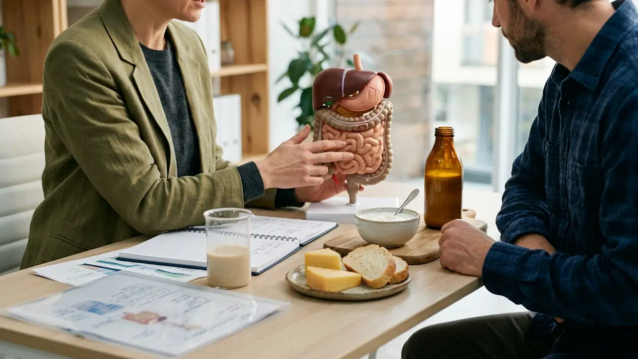 Profissional de saúde conversando com paciente sobre possíveis sintomas de intolerância à lactose, com leite e derivados sobre a mesa.